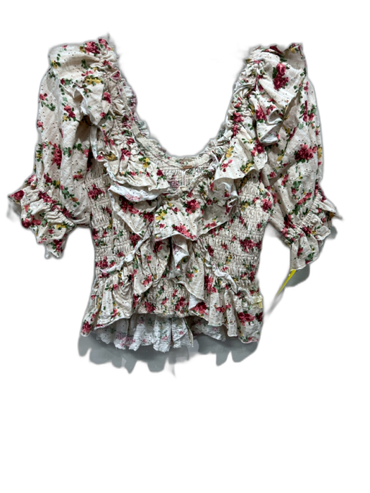 Free People Size XS Beige, Green & Red Cotton Floral Short Puff Sleeve Top Beige, Green & Red / XS