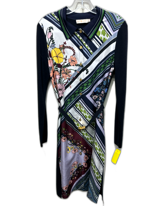 Tory Burch Size S navy blue & multi Wool & Silk Long Sleeve Collar Dress navy blue & multi / S