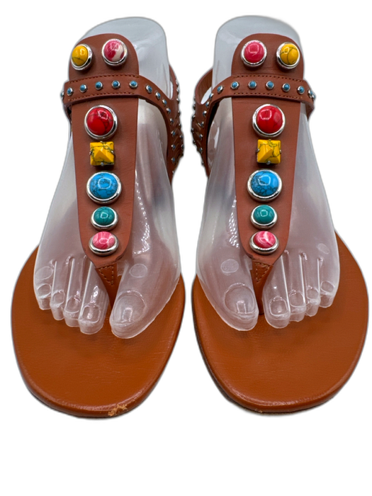 Gucci Shoe Size 39 Orange Brown & Multi Leather Thong Stone Embellished Sandals Orange Brown & Multi / 39