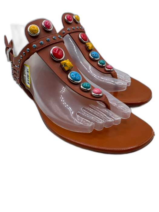 Gucci Shoe Size 39 Orange Brown & Multi Leather Thong Stone Embellished Sandals Orange Brown & Multi / 39