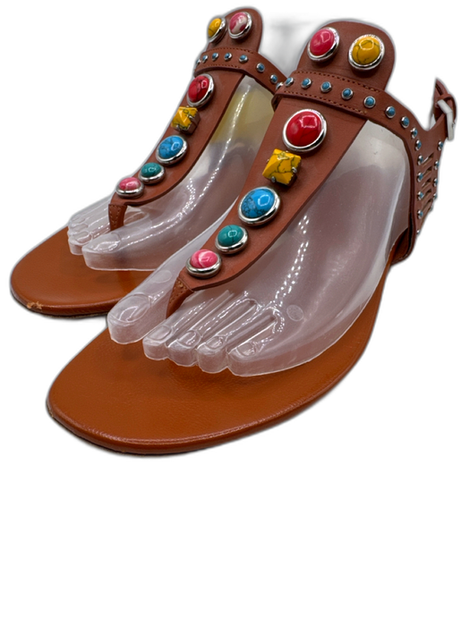 Gucci Shoe Size 39 Orange Brown & Multi Leather Thong Stone Embellished Sandals Orange Brown & Multi / 39