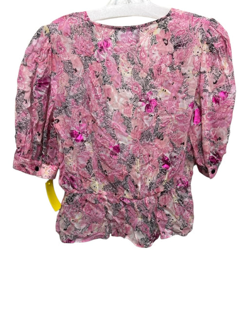 The Kooples Size 2 Pink & Multi Viscose V Neck 1/2 Sleeve Metallic Detail Top Pink & Multi / 2