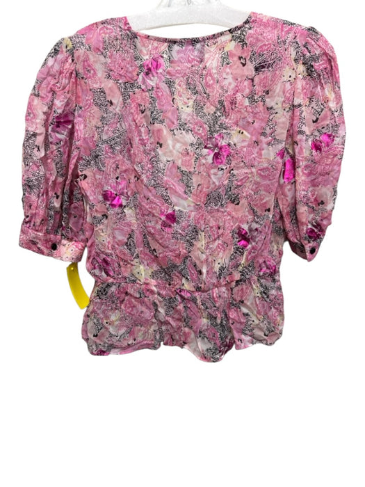 The Kooples Size 2 Pink & Multi Viscose V Neck 1/2 Sleeve Metallic Detail Top Pink & Multi / 2