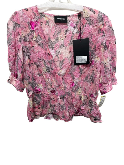 The Kooples Size 2 Pink & Multi Viscose V Neck 1/2 Sleeve Metallic Detail Top Pink & Multi / 2