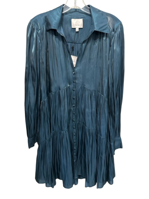 Cinq a Sept Size 2 Dark Teal Polyester Button Front Long Sleeve Slip Inc Dress Dark Teal / 2