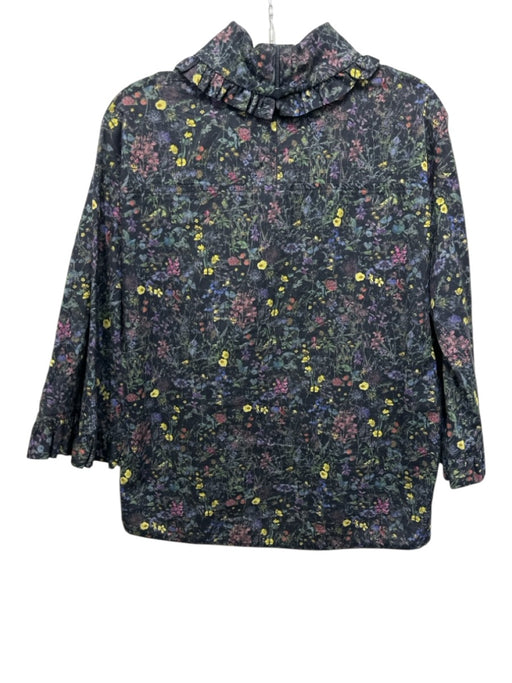 Tish Cox Size XS navy blue & multi floral print Ruffle Collar 3/4 Sleeve Top navy blue & multi / XS