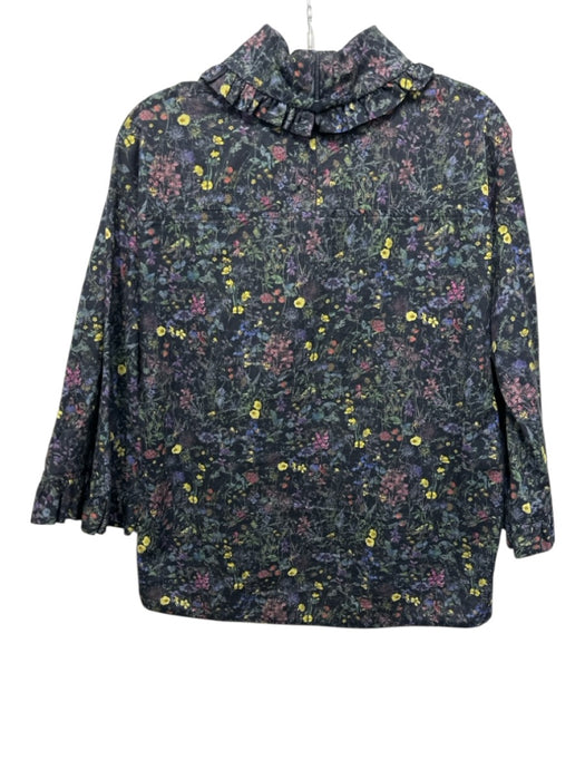 Tish Cox Size XS navy blue & multi floral print Ruffle Collar 3/4 Sleeve Top navy blue & multi / XS