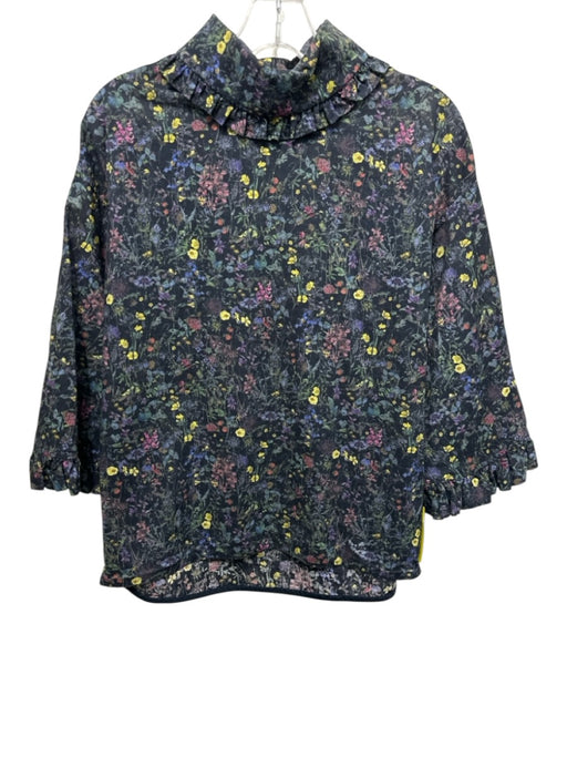 Tish Cox Size XS navy blue & multi floral print Ruffle Collar 3/4 Sleeve Top navy blue & multi / XS