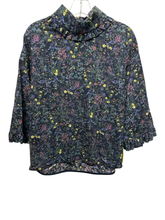 Tish Cox Size XS navy blue & multi floral print Ruffle Collar 3/4 Sleeve Top navy blue & multi / XS