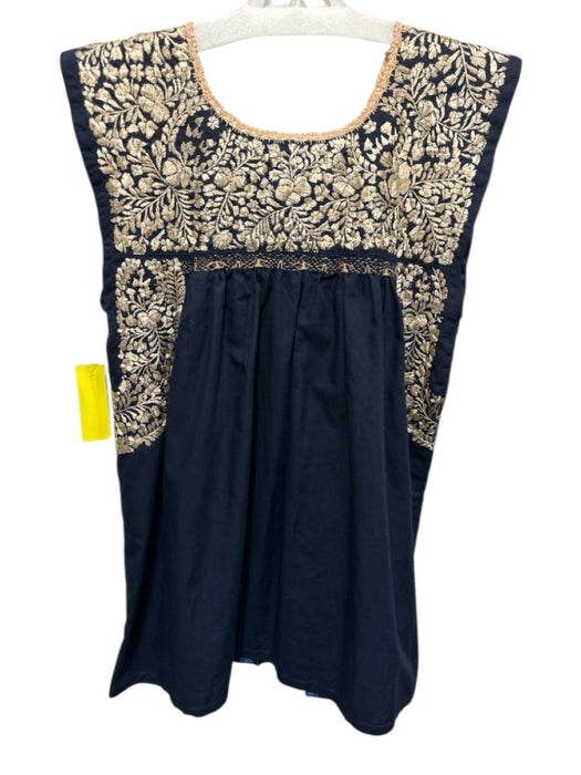 Mi Golondrina Size S Navy Blue & Beige Cotton Embroidered Sleeveless Tunic Top Navy Blue & Beige / S