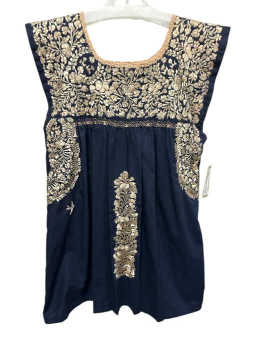 Mi Golondrina Size S Navy Blue & Beige Cotton Embroidered Sleeveless Tunic Top Navy Blue & Beige / S