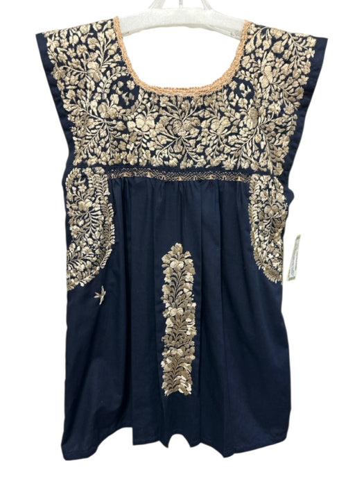 Mi Golondrina Size S Navy Blue & Beige Cotton Embroidered Sleeveless Tunic Top Navy Blue & Beige / S