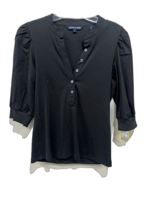Veronica Beard Size M Black Cotton Blend V Neck Button Front Ribbed Top Black / M