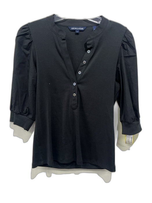 Veronica Beard Size M Black Cotton Blend V Neck Button Front Ribbed Top Black / M