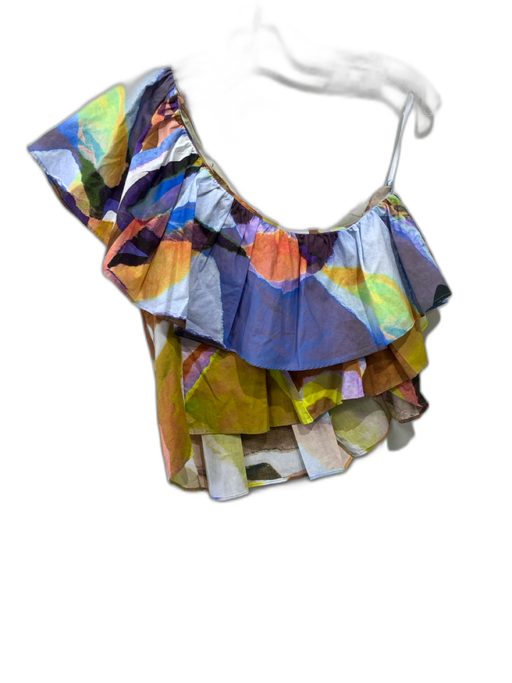 Marie Oliver Size M White, Brown & Blue Cotton Abstract Print One Shoulder Top White, Brown & Blue / M