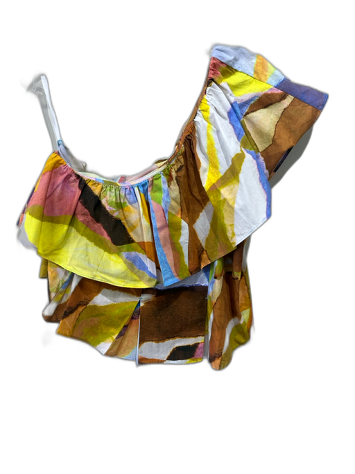 Marie Oliver Size M White, Brown & Blue Cotton Abstract Print One Shoulder Top White, Brown & Blue / M