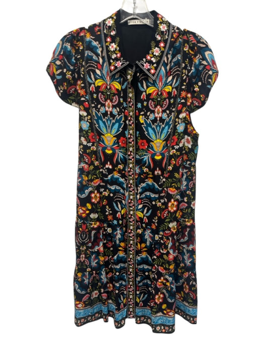 Alice + Olivia Size 10 Black, red, & blue Viscose Cap Sleeve Floral Print Dress Black, red, & blue / 10