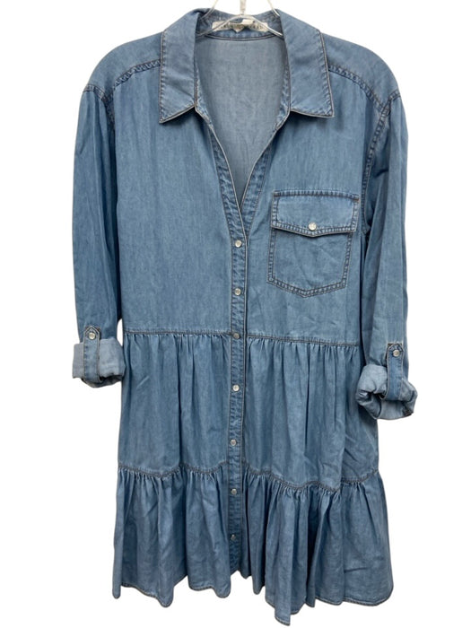 Veronica Beard Size 8 Light Wash Cotton & Lyocell Long Sleeve Snap Up Mini Dress Light Wash / 8