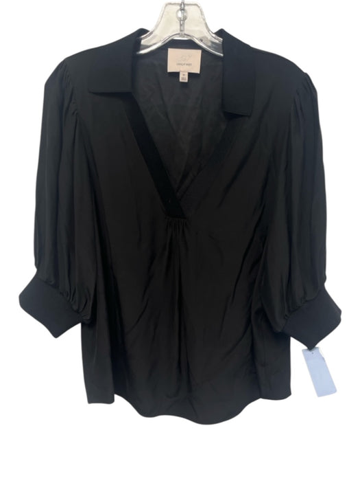 5a7 Cinq a Sept Size M Black Silk Puff 1/2 Sleeve Split V neckline Collar Top Black / M