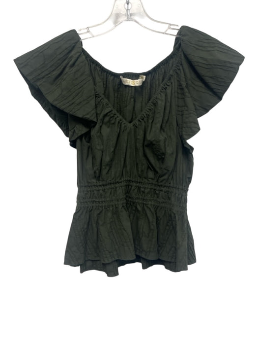 Marie Oliver Size S Dark Olive Green Cotton & Nylon Short Puff Sleeve V Neck Top Dark Olive Green / S