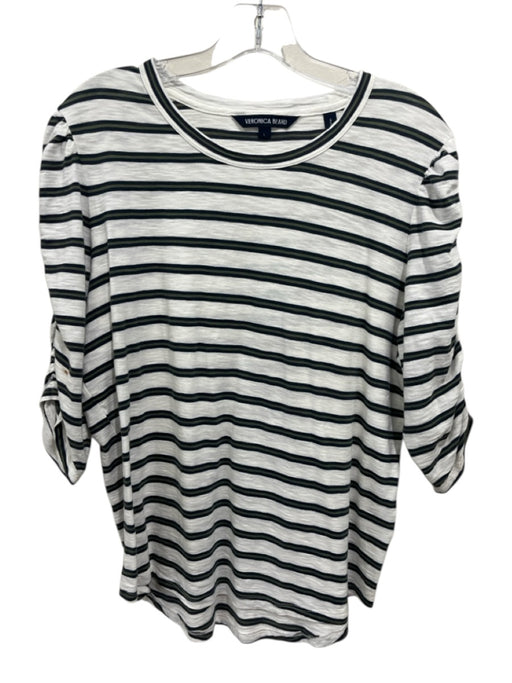 Veronica Beard Size L White, Green & Navy Print Prima Cotton Striped Ruched Top White, Green & Navy Print / L