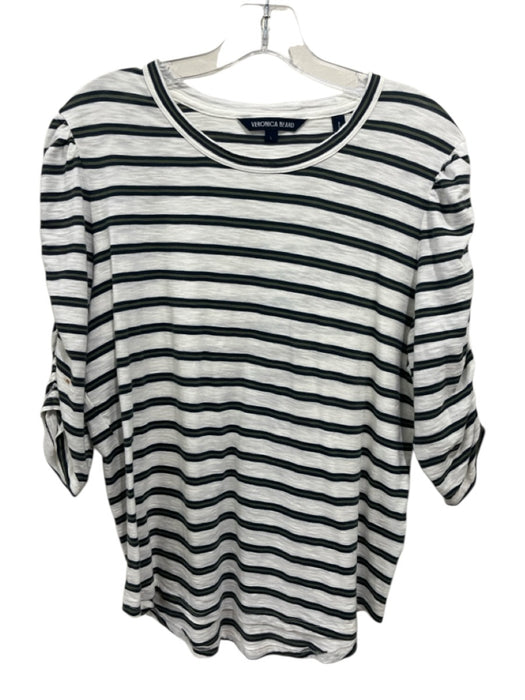 Veronica Beard Size L White, Green & Navy Print Prima Cotton Striped Ruched Top White, Green & Navy Print / L