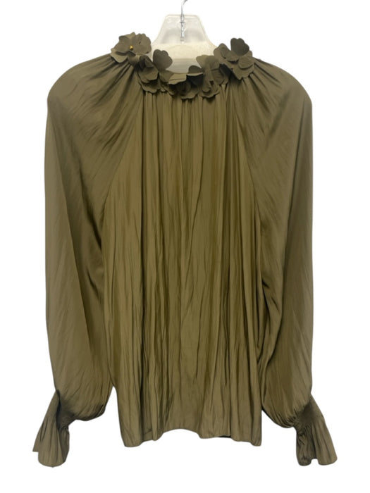 Ramy Brook Size M Olive Green Polyester Long Sleeve Floral Applique V Neck Top Olive Green / M