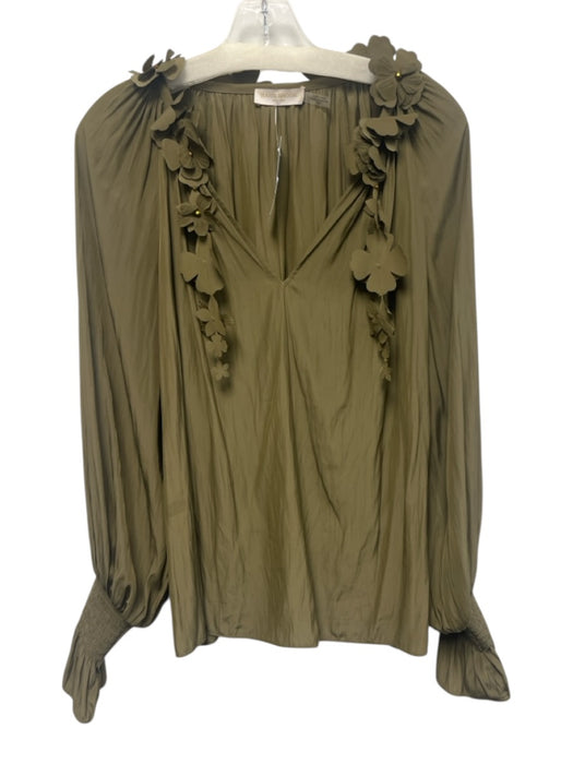 Ramy Brook Size M Olive Green Polyester Long Sleeve Floral Applique V Neck Top Olive Green / M
