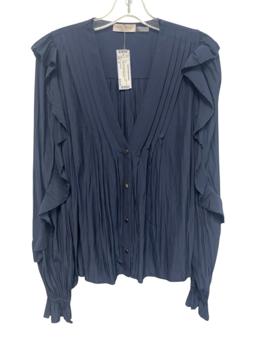 Ramy Brook Size M Navy Blue Polyester Long Sleeve Buttons Pintuck Top Navy Blue / M