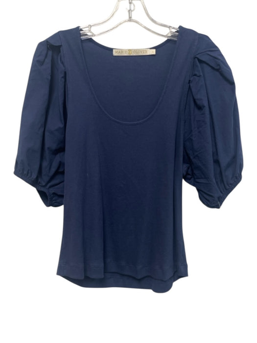 Marie Oliver Size M Blue Pima Cotton & Spandex Short Puff Sleeve Rib Knit Top Blue / M