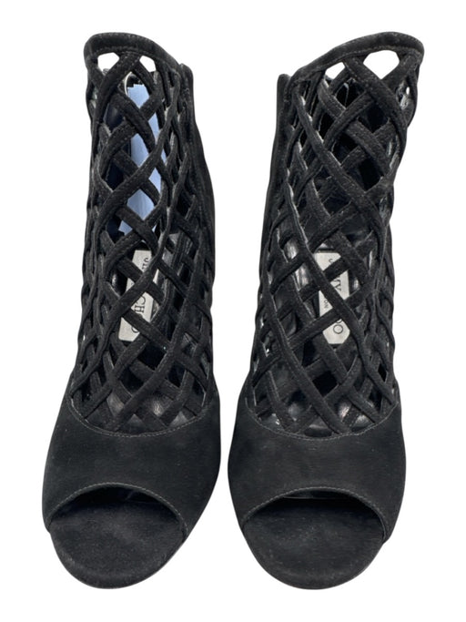 Jimmy Choo Shoe Size 38.5 Black Suede Peep Toe Caged Back Zip Stiletto Pumps Black / 38.5