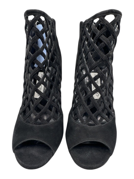 Jimmy Choo Shoe Size 38.5 Black Suede Peep Toe Caged Back Zip Stiletto Pumps Black / 38.5