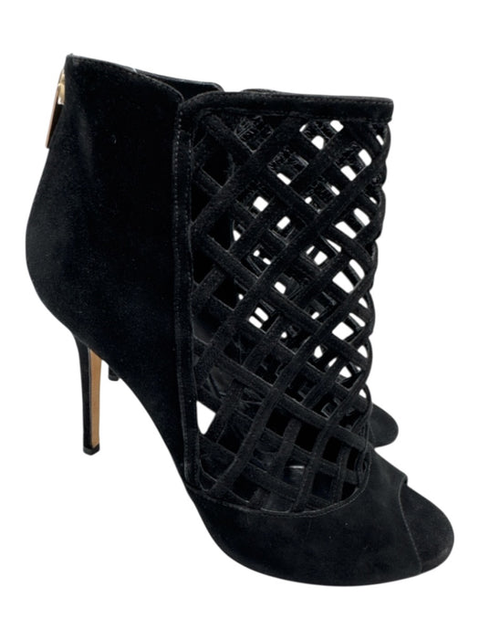 Jimmy Choo Shoe Size 38.5 Black Suede Peep Toe Caged Back Zip Stiletto Pumps Black / 38.5