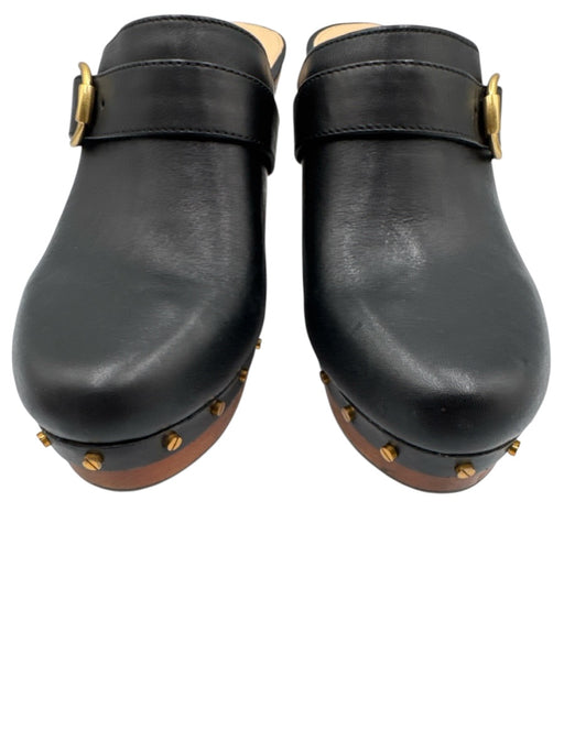 Veronica Beard Shoe Size 8M Black Leather Brass Buckle Studded Wood Sole Clogs Black / 8M