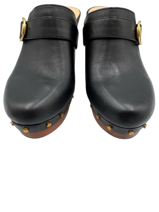 Veronica Beard Shoe Size 8M Black Leather Brass Buckle Studded Wood Sole Clogs Black / 8M