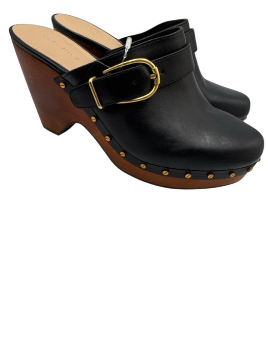 Veronica Beard Shoe Size 8M Black Leather Brass Buckle Studded Wood Sole Clogs Black / 8M