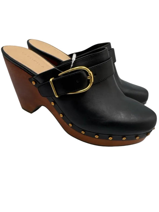 Veronica Beard Shoe Size 8M Black Leather Brass Buckle Studded Wood Sole Clogs Black / 8M