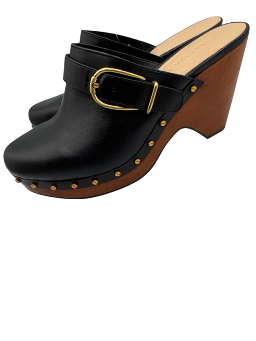 Veronica Beard Shoe Size 8M Black Leather Brass Buckle Studded Wood Sole Clogs Black / 8M
