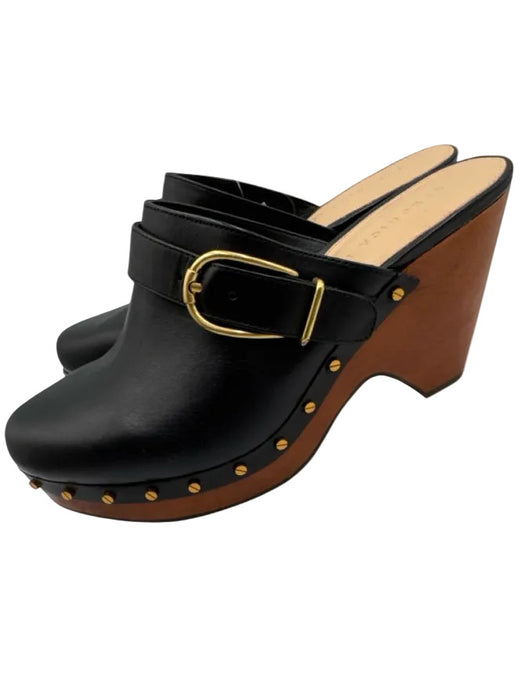 Veronica Beard Shoe Size 8M Black Leather Brass Buckle Studded Wood Sole Clogs Black / 8M