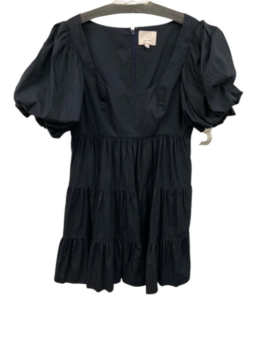 Cinq a Sept Size 8 Black Cotton Blend Short Puff Sleeve U Neck Gathered Dress Black / 8