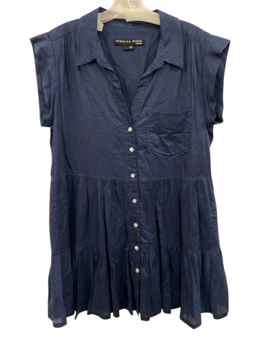 Veronica Beard Jeans Size Large Navy Blue Cotton Short Sleeve Button Front Dress Navy Blue / Large