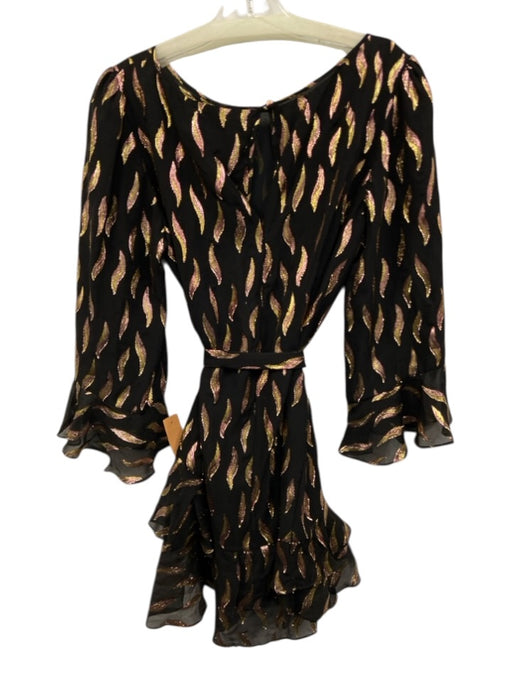 Saloni Size 10 Black, yellow, Pink Silk Blend Long Sleeve Abstract Print Dress Black, yellow, Pink / 10