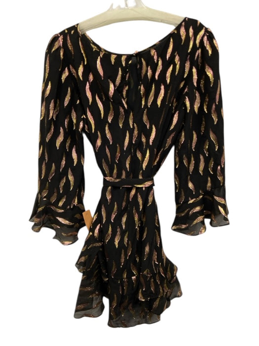 Saloni Size 10 Black, yellow, Pink Silk Blend Long Sleeve Abstract Print Dress Black, yellow, Pink / 10