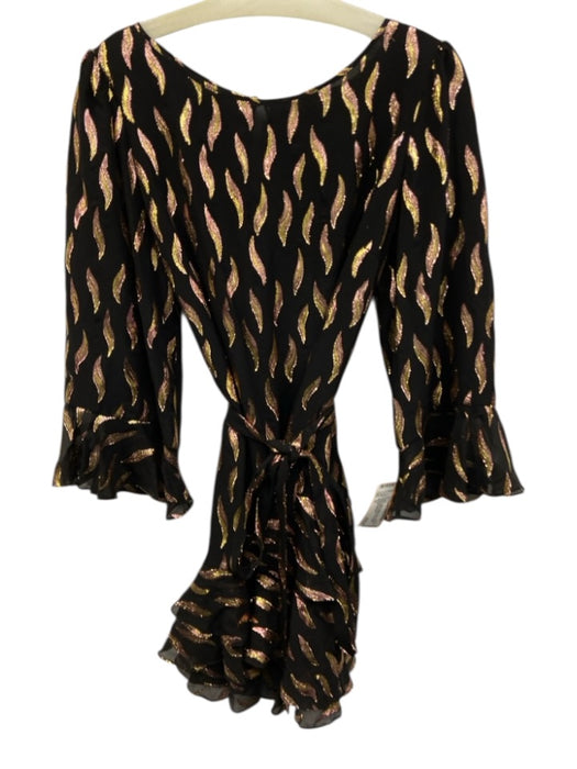 Saloni Size 10 Black, yellow, Pink Silk Blend Long Sleeve Abstract Print Dress Black, yellow, Pink / 10