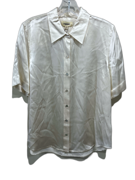 L'agence Size M White Silk Satin Button Front Collared Top White / M