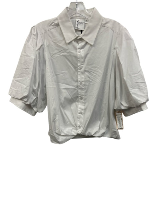 Finley Size Small White Cotton Blend Short Puff Sleeve Button Front Collar Top White / Small
