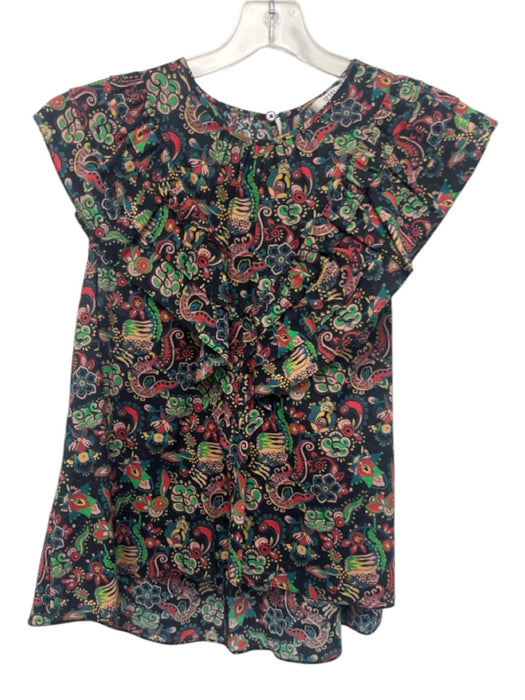 Derek Lam 10 Crosby Size 8 Navy Blue, Green, Multi Cotton Ruffle Sleeveless Top Navy Blue, Green, Multi / 8