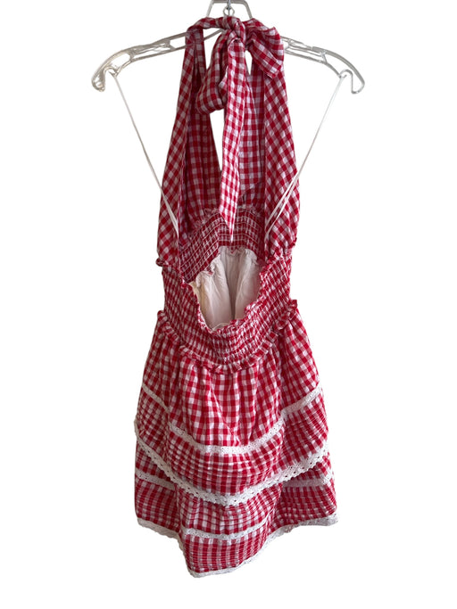 day + moon Size M Red Cotton Blend Gingham Halter Crochet Lace Detail Dress Red / M