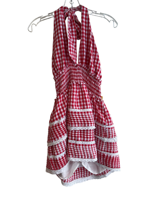 day + moon Size M Red Cotton Blend Gingham Halter Crochet Lace Detail Dress Red / M