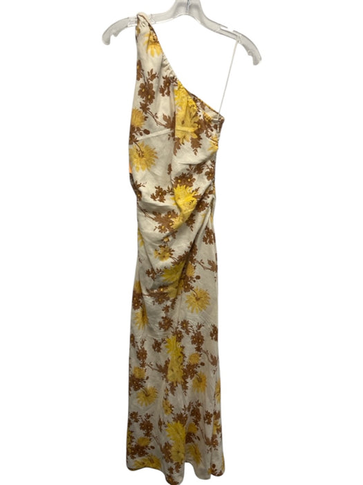 Faithfull the Brand Size 4 White, Yellow, Brown Linen One Shoulder Floral Dress White, Yellow, Brown / 4